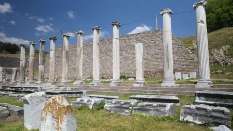 Detail view of historical objects in the ancient city of Asklepion Stock Footage 250941410