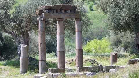 Detail view of historical objects in the ancient city of Asklepion Video stock 250941519