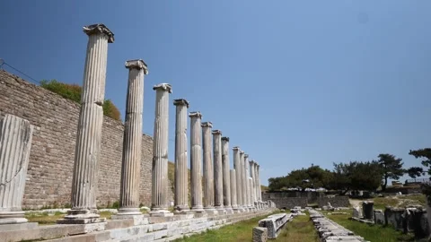 Detail view of historical objects in the ancient city of Asklepion Stock Footage 250941586