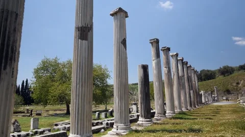 Detail view of historical objects in the ancient city of Asklepion Video stock 250941902