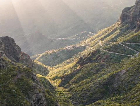 Detail view of sunrays hitting Masca village in Tenerife. Foto stock