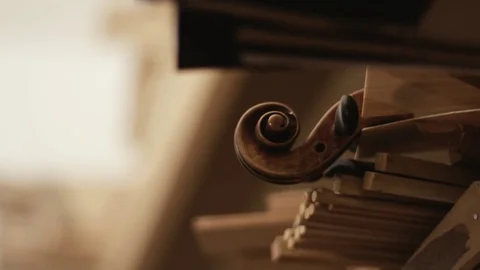 Detail of a violin scroll in a luthier worshop Stock Footage