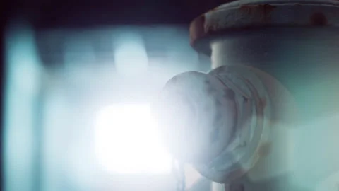 Detail of a weathered fire hydrant in a dimly lit urban area Stock Footage 340229964