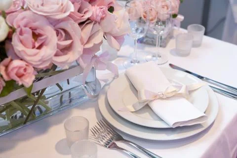 Detail of a wedding dinner setting Stock Photos