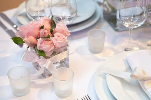 Detail of a wedding dinner setting Stock Photos