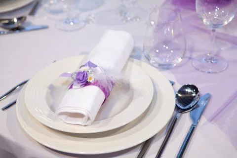 Detail of a wedding dinner setting Stock Photos
