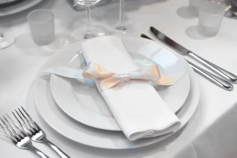 Detail of a wedding dinner setting Stock Photos