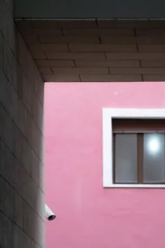 Detail of a window and a security camera near the El Buho restaurant in Pamplona Stock Photos