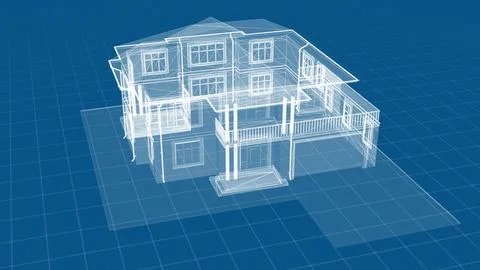 A detailed 3D architectural blueprint of a two story house with a wraparound Stock Illustration