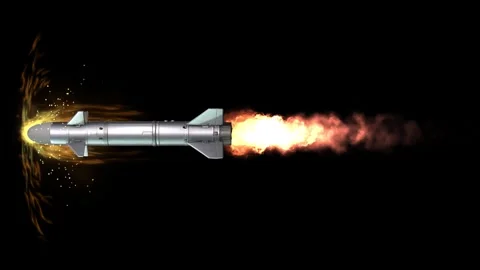 Detailed 3D ballistic missile design 01 launching, with powerful rocket flames Stock Footage 345623771