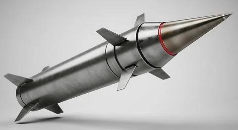 Detailed 3d model of a silver missile with red band near nose cone and four.. Stock Illustration