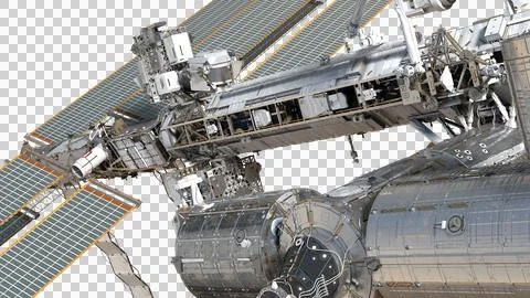 Detailed 3D render of a modular space station truss and research modules Stock Illustration