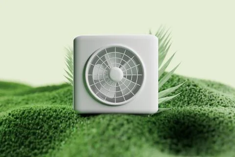 A detailed 3D rendering of an air source heat pump, prominently displayed a.. Stock Illustration