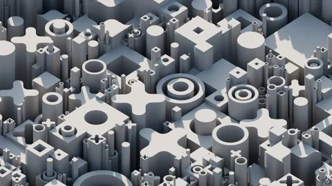 A detailed abstract composition featuring interlocking geometric shapes, cylinde Stock Footage 340237525