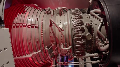 Detailed aircraft jet engine technology moving sideways Stock Footage 344033141