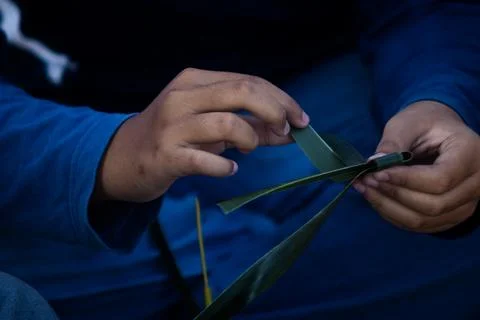 Detailed Angle View of Hands Adjusting Green Leaf Folds during Traditional .. Stock Photos