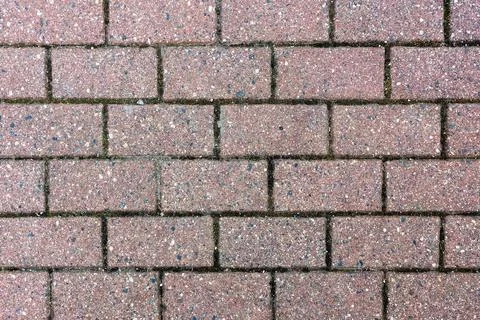 Detailed background of rectangular brick sidewalk with moss growing in the .. 스톡 사진