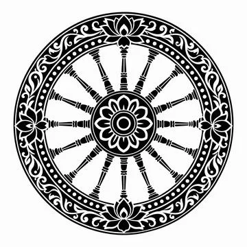 Detailed black and white vector illustration of a traditional Buddhist wheel Ilustración de archivo