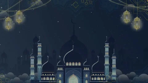 Detailed Blue Mosque with Hanging Lanterns at Night Stock Footage 336013565