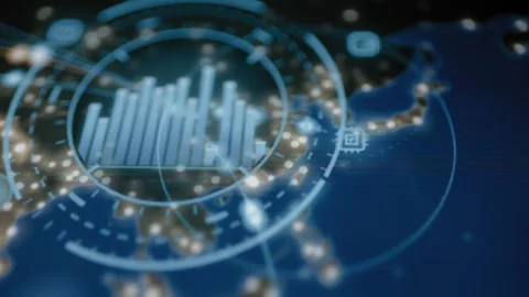 Detailed circular bar chart appears over East Asia near Japan Stock Footage 342486406