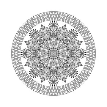 A detailed circular botanical pattern combines layered petals, peacock-insp.. Stock Illustration