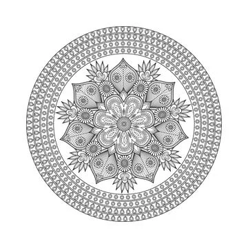 A detailed circular botanical pattern combines layered petals, leaves, and .. 스톡 일러스트