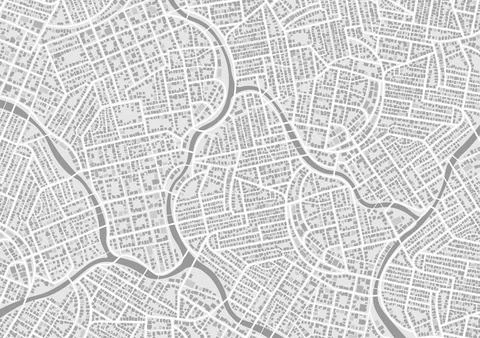 Detailed city map pattern with streets and river. Monochrome urban plan Stock Illustration
