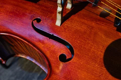 Detailed Close-Up of Cello Strings and Bridge Under Bright Stage Lighting Stock Photos