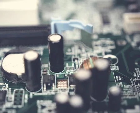 Detailed Close-Up of Computer Circuit Board Technology Components Stock Photos