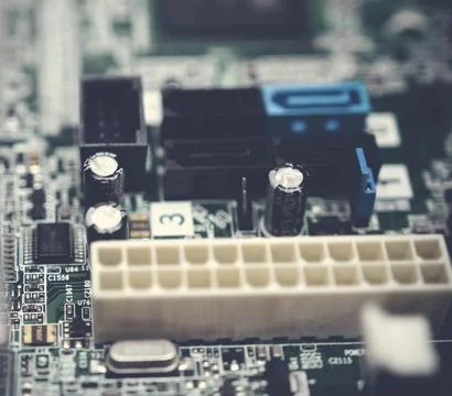 Detailed Close-Up of Computer Circuit Board Technology Components Stock Photos