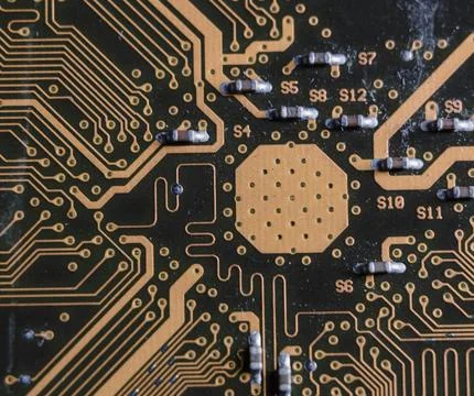 Detailed Close-Up of Computer Circuit Board Technology Components Stock Photos