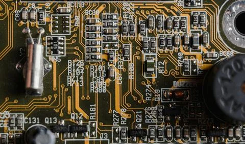 Detailed Close-Up of Computer Circuit Board Technology Components Stock Photos