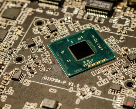 Detailed Close-Up of Computer Circuit Board Technology Components Stock Photos