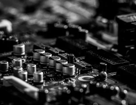 Detailed Close-Up of Computer Circuit Board Technology Components Stock Photos