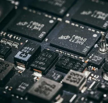 Detailed Close-Up of Computer Circuit Board Technology Components Stock Photos