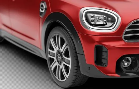 Detailed close-up of the front headlight of the red Mini Cooper Countryman .. Stock Illustration
