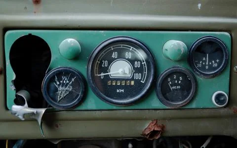 Detailed close-up image of the dashboard of an old vintage car Stock Photos