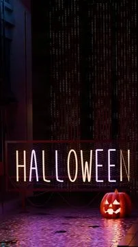 Detailed close up of Jack-o'-lantern face illuminated by ruby neon in Stock Illustration