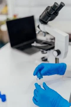 A detailed close-up of a lab technicians hands wearing blue gloves, careful.. Stock Photos