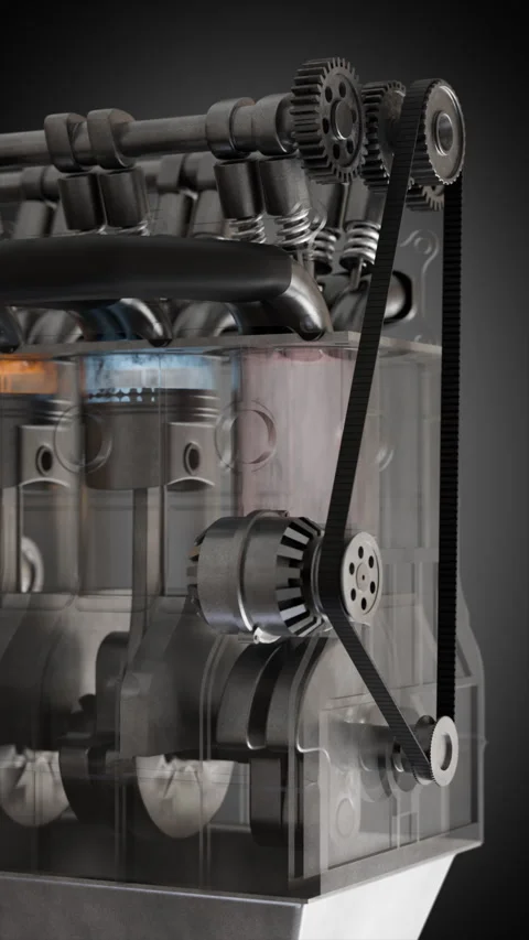 Detailed close-up of mechanical system of engine, transparent case and gears Video stock 323732519