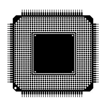 Detailed close-up of microprocessor chip with pins and dots in black and white Stock-Illustration