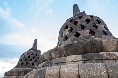 Detailed Close Up of Stone Stupa Structures at Borobudur Temple Stock Photos