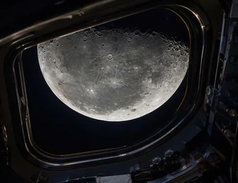 Detailed close up view of the cratered moon surface from a spacecraft window. イラスト素材