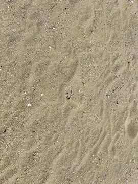 A detailed close up view of a sandy surface showing footprints in it Stock Photos