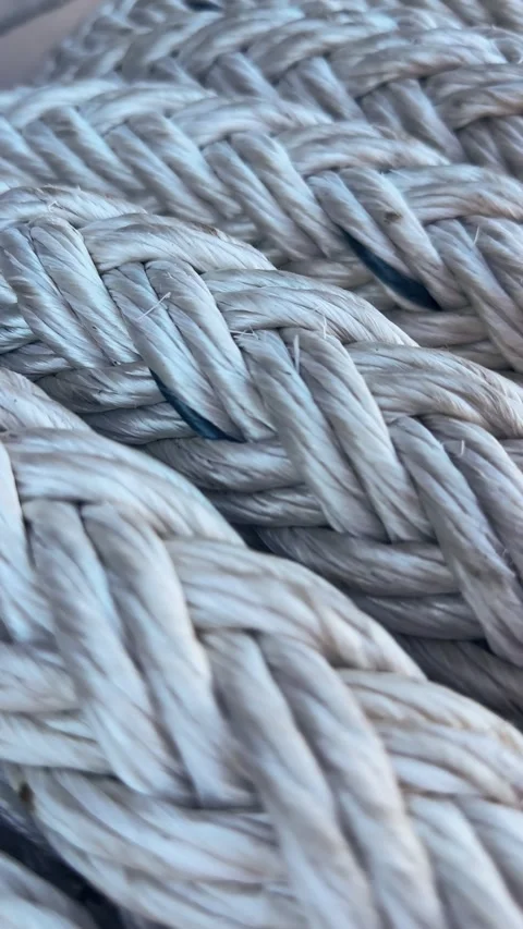 Detailed close-up view of a thick braided rope on military warship showing it Stock Footage 297438539