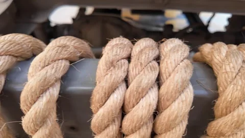 Detailed close-up view of a thick braided rope on military warship Stock-Footage 318229225