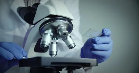 Detailed CloseUp View of Microscope Documented in Laboratory Environment 스톡 동영상 299903350