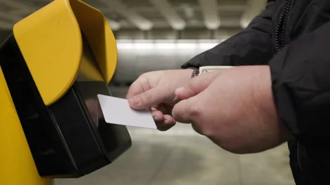A detailed closeup view of a Ticket Validation Machine located in a Modern Stock Footage 284303894
