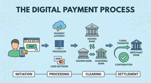 Detailed digital payment process flow showcasing various financial entities Stock Illustration