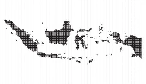 A detailed digital pixel map of indonesia featuring grey halftone dots arranged Stock Illustration